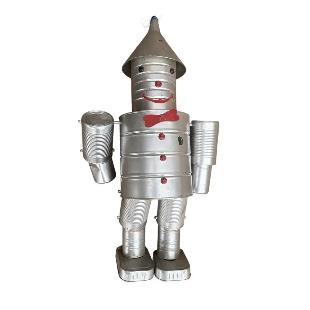 Vintage Tin Can Robot Folk Art Sculpture Handmade Recycled Metal 20” Tall
